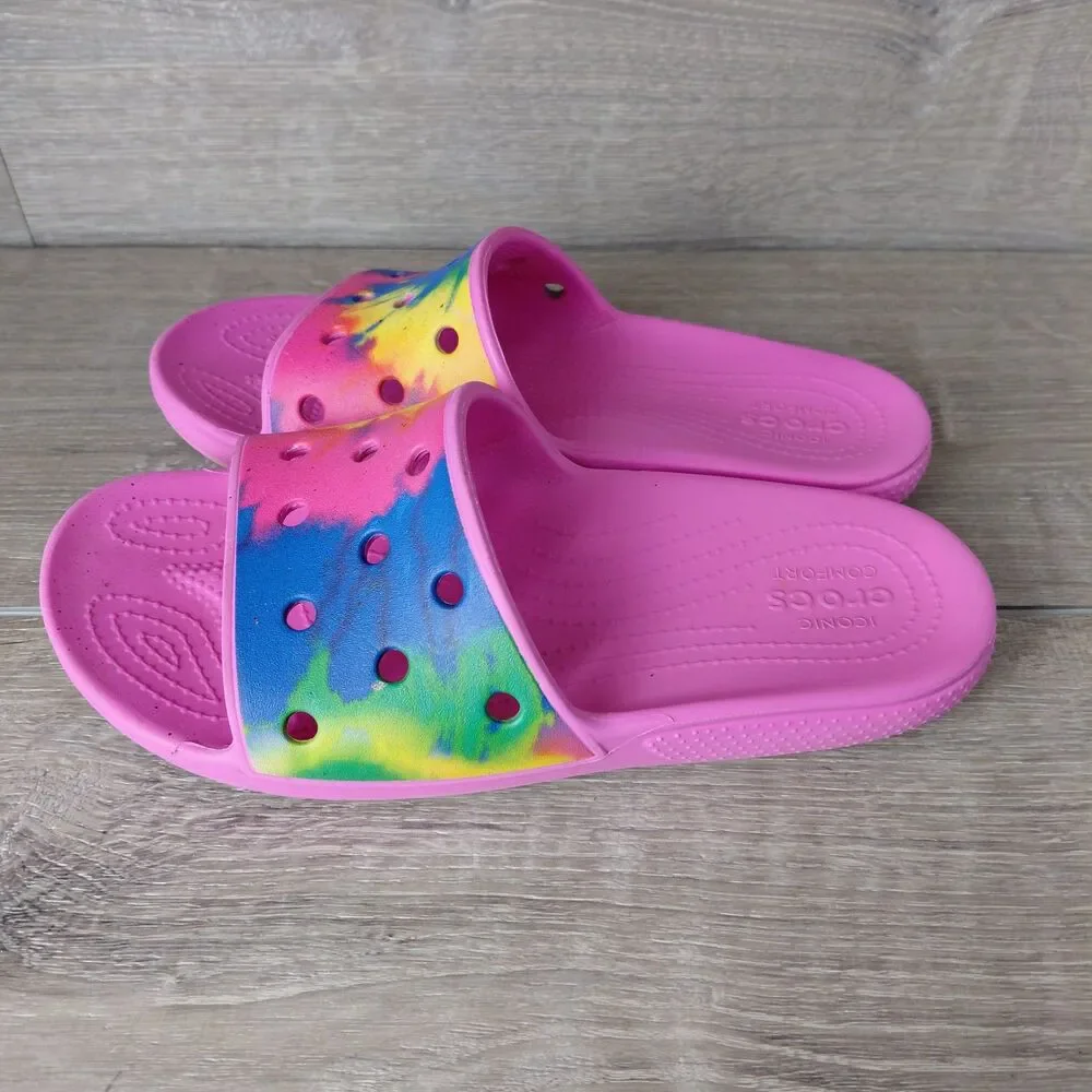 Crocs Classic Slides Sandals Pink Tie Dye W9 M7 Rainbow Beach Resort Vacation